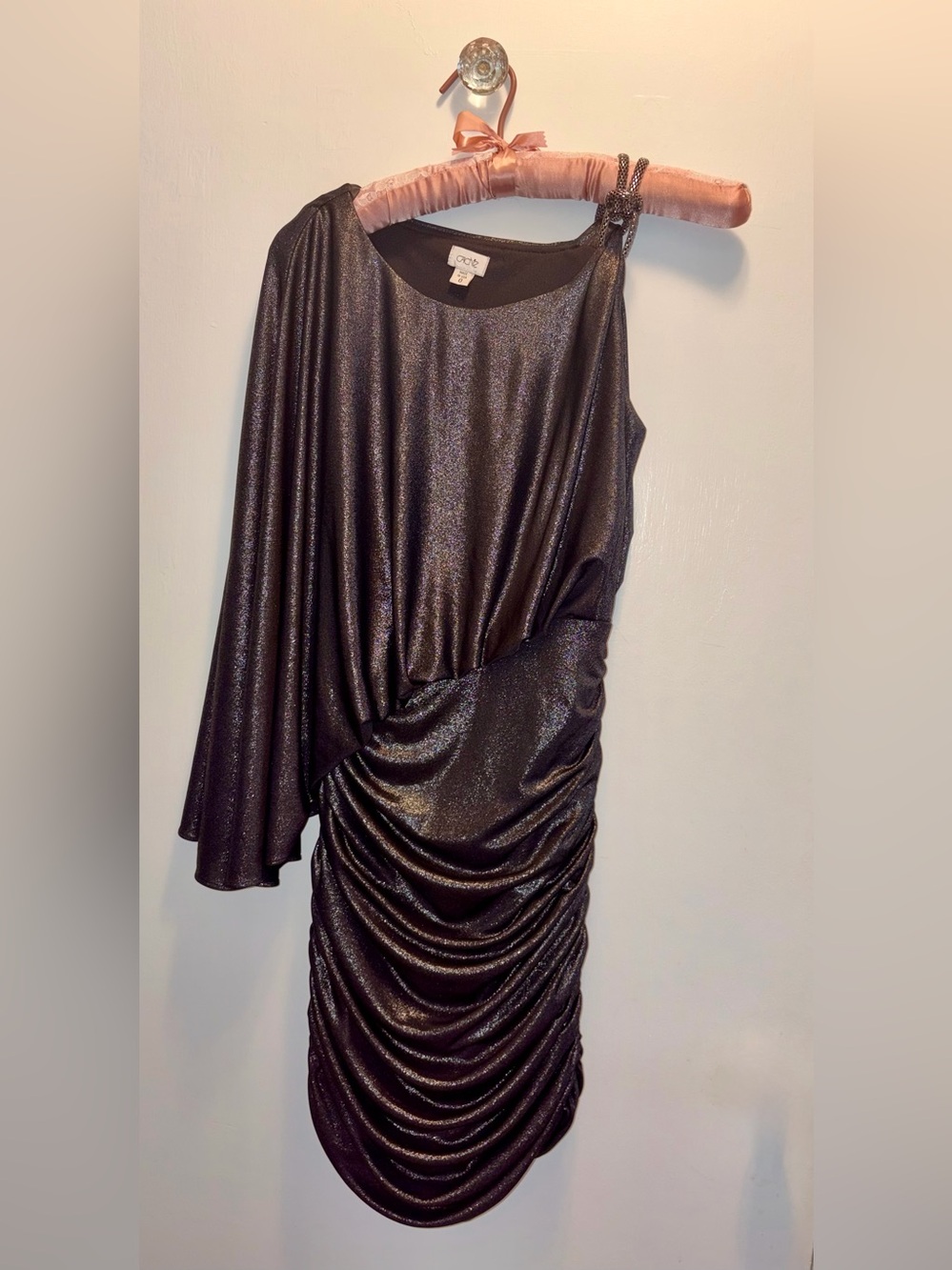 Y2K Vintage Caché metallic one-shoulder draped cocktail bodycon dress